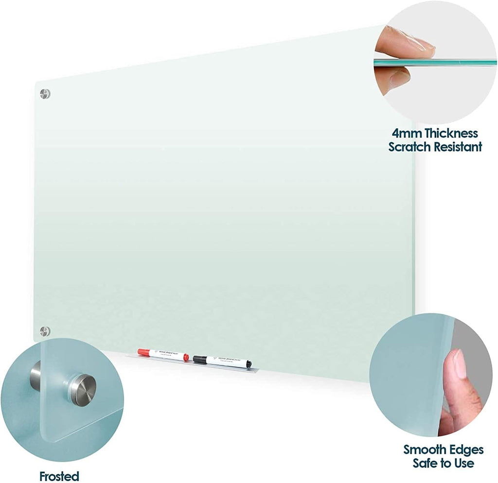 J&J worldwide Glass Whiteboard 47 x 35, Frosted Glass Dry Erase Board Non-Magnetic, Semi-Transparent, Includes Markers, Marker Tray, Eraser for Wall, Office, Home, School