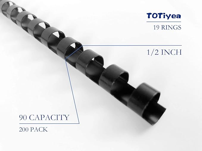 TOTiyea 200 Pack Plastic Binding Comb Spines,1/2 Inch Diameter,90 Sheet Capacity,Letter Size (8.5x11 Inches) Black Color Binding Comb Spines