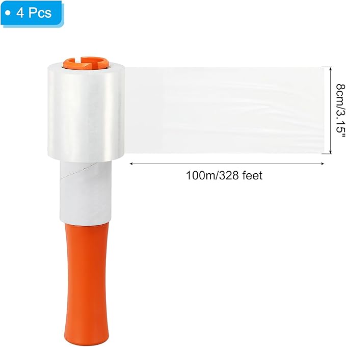 PATIKIL 3" x 328 Feet Stretch Wrap Roll, 4 Pack 80 Gauge/20 mic Thick Mini Shrink Stretch Film Industrial Clear Plastic Wrap with Handle for Box Packing Shipping Moving