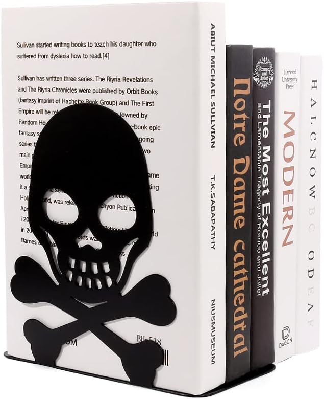 Metal Skull Design Black Bookend - Heavy-Duty Bookends for Shelves, Skull Book Ends for Heavy Books, Book Shelf Holder Home Office Decorative Desktop Organizer (1 Pair A)