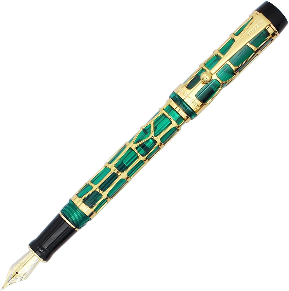 Gullor Century 100 Fountain Pen, Skeleton Hollow-out Series Golden, Screw-Cap, Fine Nib, Transparent Green