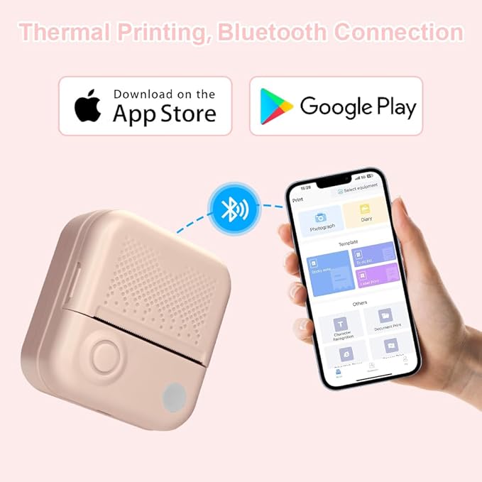 Mini Printer,Thermal Printers Sticker Maker with 3 Rolls Paper,Portable Wireless Bluetooth Inkless Printer, Recharge Pocket Label Maker, Small Printer for Scrapbook Supplies,Photo, Pink