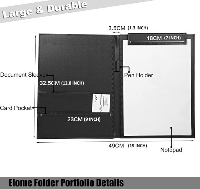 Office Clipboard Padfolio Binder 19" X 13"- A4 Foldable File Clip Portfolio Folder Document Organizer Writing Pad Business Card Holder - Magnetic PU Leather Conference Desk Pad with Pen Holder