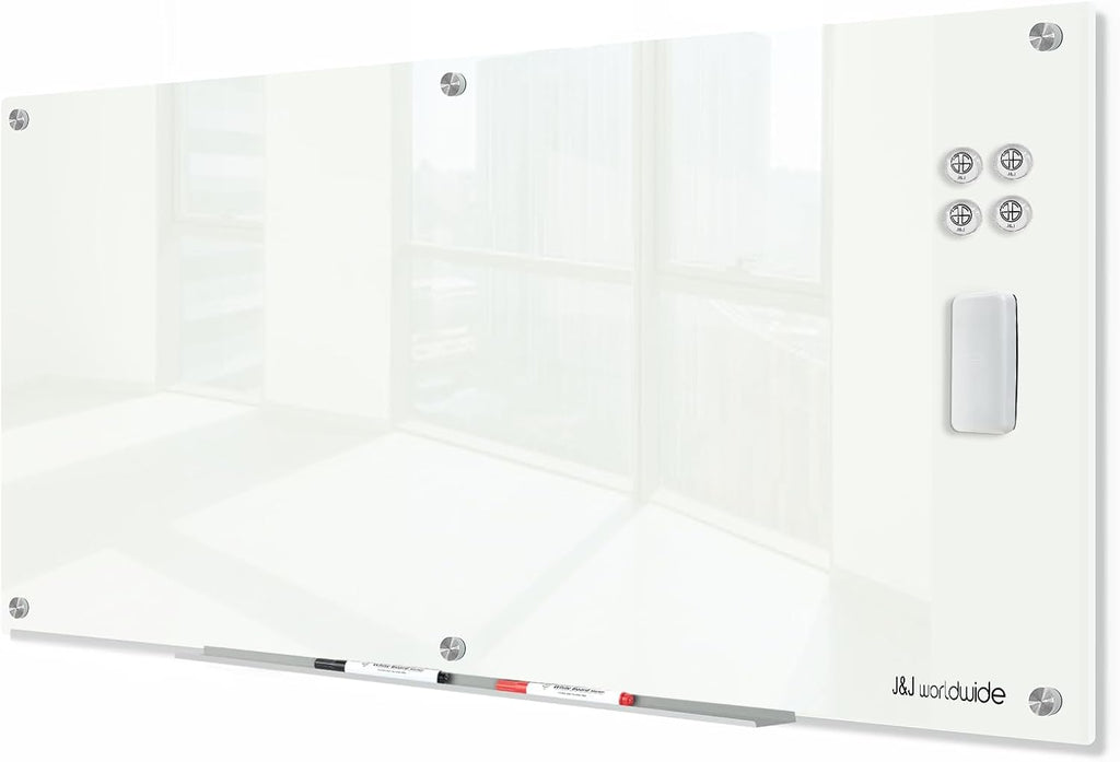 J&J worldwide Glass Dry Erase Board 6' x 3', Glass Whiteboard Magnetic, Large Frameless Glass White Boards for Walls, Includes Magnets, Marker Tray, Eraser for Office, Home, School