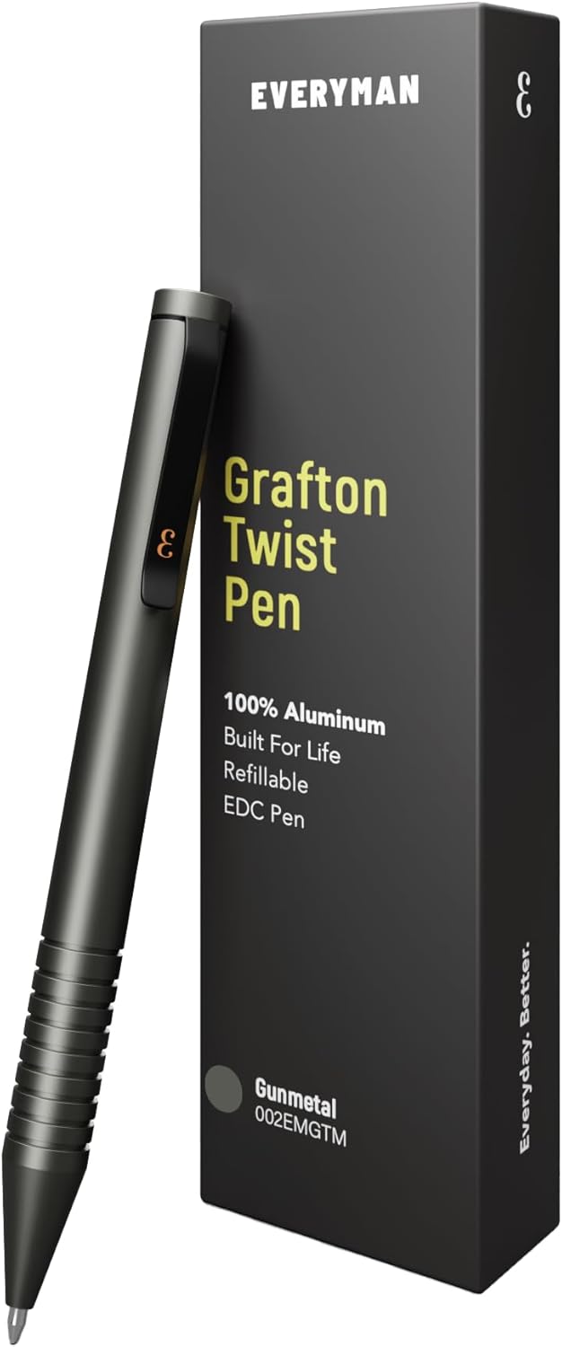 Everyman Grafton Mini Twist Refillable 0.7mm Ball Point Pen Gunmetal | Sleek Anodized Aluminum Pocket Pen with Grooved Grip | Smooth Writing EDC Ink Pen for Office, Travel, Work & Gifting
