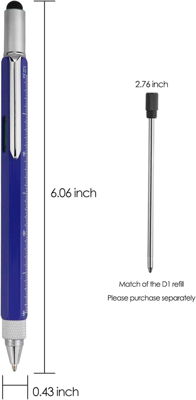 HeTaoCat Metal Multi tool Pen 6-in-1 Stylus Pen - With Screwdriver, Phillips Screwdriver, Flathead Bit Slotted Screwdriver, Ballpoint Pen Black ink, Stylus pen, Bubble Level and Ruler (Blue)