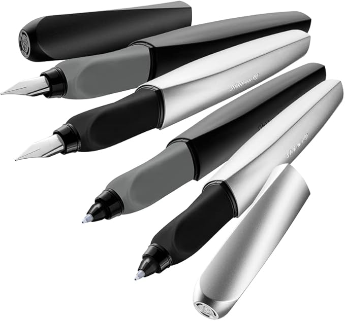 Pelikan Twist Fountain Pen with 1 Ink Cartridge, Medium Nib, Silver, Boxed (947101) (Pack of 2)
