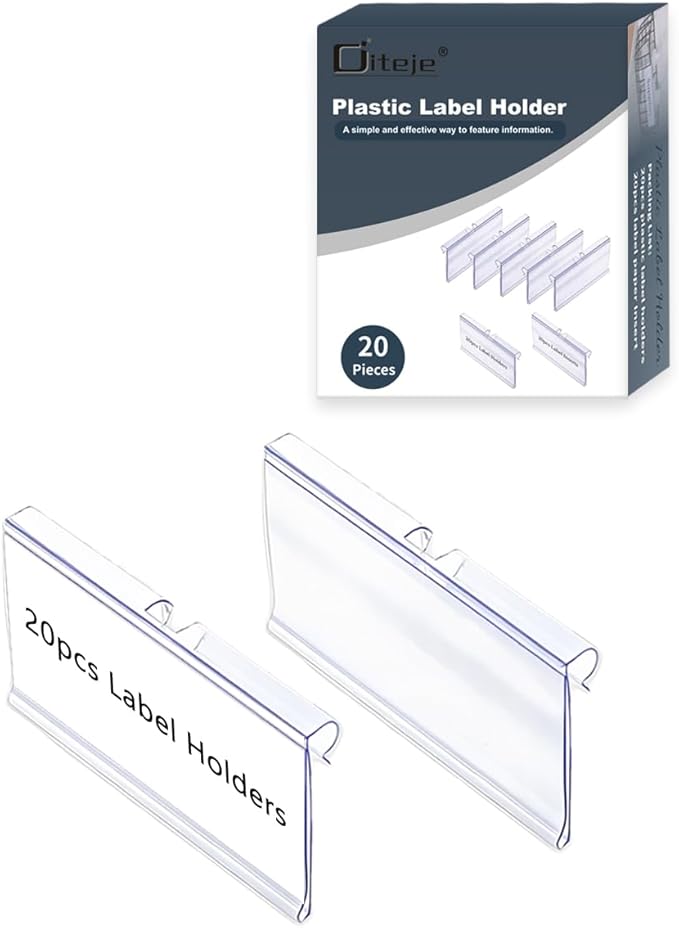 Diteje 20 Pack Plastic Wire Shelf Label Holder,Shelving Rack Retail Sign Hook Labels Clip On with Paper Inserts, 3.94x1.50inch