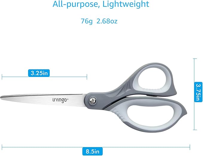 LIVINGO 3 Pack Scissors for Office: Sharp Stainless Steel Shears Heavy Duty All Purpose for Cutting Crafting Paper Fabric, Gray Comfort Handles, 8.5 Inches