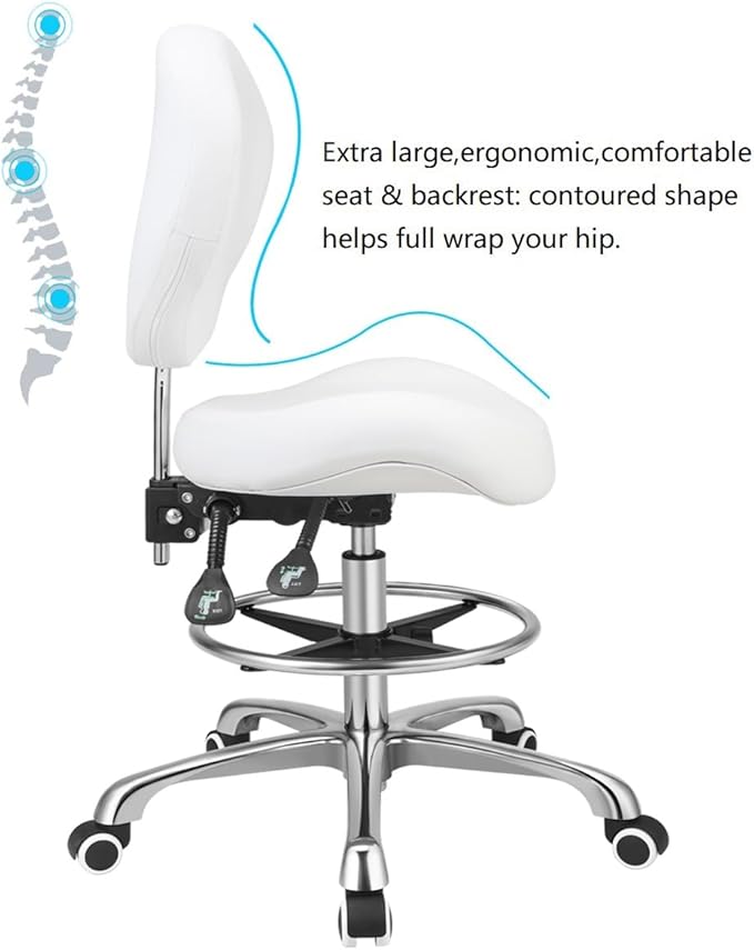 Kaleurrier Adjustable Height Drafting Stool Drafting Chair with Backrest & Foot Rest,Swivel Rolling Stools,for Work Studio,Dental,Office,Salon and Counter,Tall Home Desk Chairs (White)