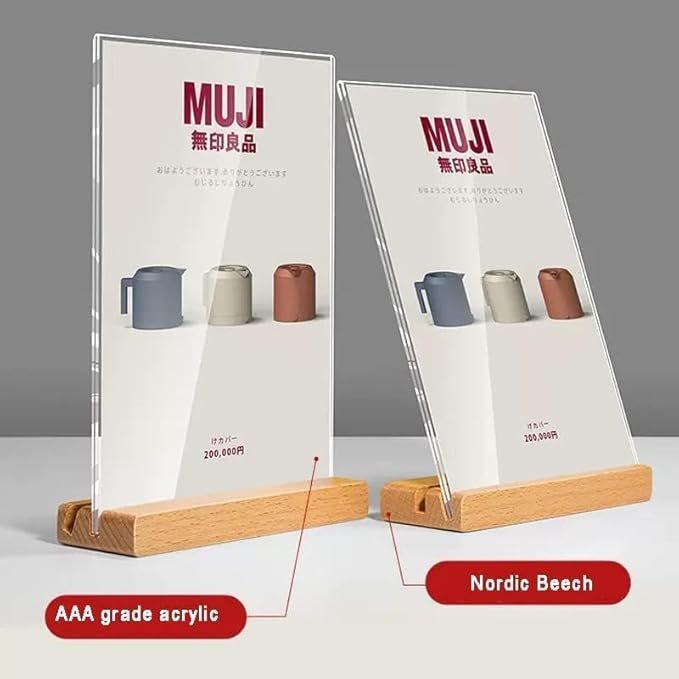 Acrylic Sign Holder A4/A5/A6 Menu Displays Double Sided, Wood Base Table Top Sign Stand (Vertical A6 105×148mm/4.13×5.83 inches)