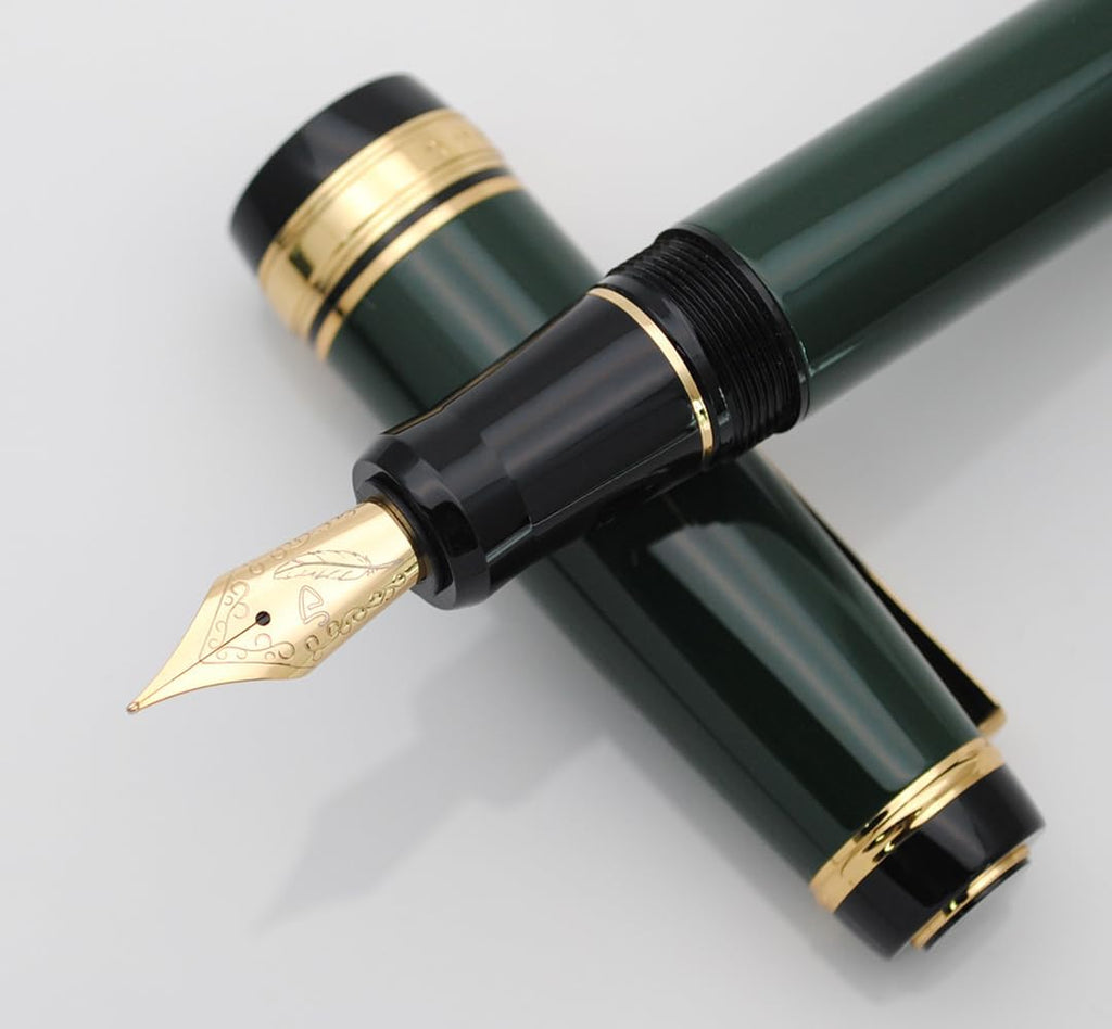 Metal Big Fountain Pen Set Medium Nib 0.7mm, Includes Ink Refill Converter, 5 Ink Cartridges & Gift Box (Medium Nib 0.7mm, Green)