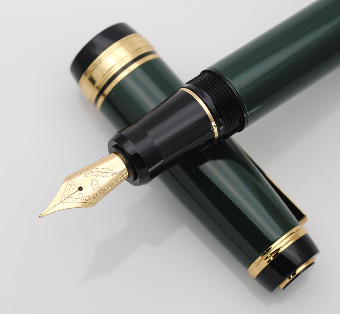 Metal Big Fountain Pen Set Medium Nib 0.7mm, Includes Ink Refill Converter, 5 Ink Cartridges & Gift Box (Medium Nib 0.7mm, Green)