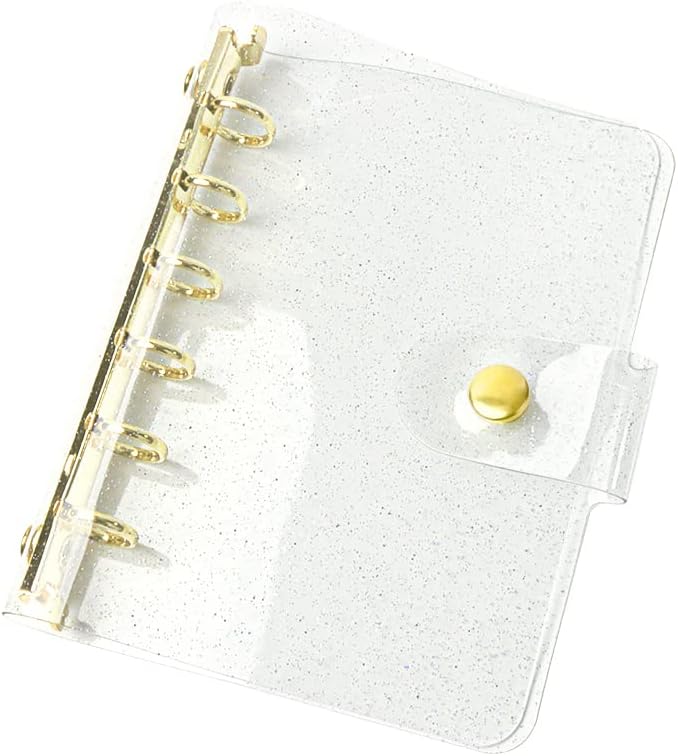 Glitter Powder PVC Binder Cover 6 Round Ring Binders Snap Button Closure Loose Leaf Folders Refillable Soft PVC Notebook Shell Protector (Gold 6 Rings, A7 Binder)