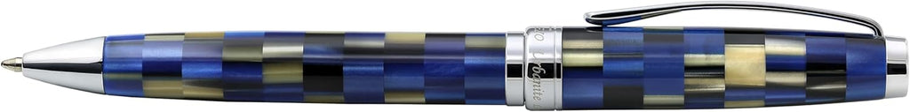 Xezo Urbanite Ballpoint Pen, Medium Point. Retro Blue, Black, and Cream Checkered Acrylic on Brass and Aluminium. Chrome Plated. Limited Edition and Serialized. No Two Alike