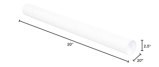BOX USA BP2520W Mailing Tubes with Caps, 2-1/2" x 20", White (Pack of 34)