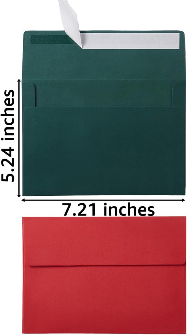 Wishop 100 Pack Christmas A7 Envelopes Self-Adhesive 5x7 Envelopes for Invitations, 5x7 Greeting Cards (Christmas Green/Red, 5.24 x 7.21 Inches)