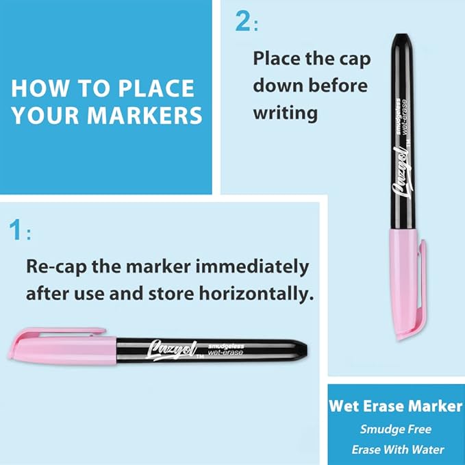 Wet Erase Markers, Bulk Pack of 16 (12 Colors) Fine Tip Overhead Transparency Smudge Free Markers for Dry Erase Whiteboard, Refrigerator Calendars, Glass and Films, Erase with Water