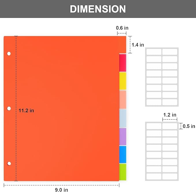 HABGP 96Pcs/12 Set 8 Tab Dividers for 3 Ring Binder, 96 Pcs Multicolor 3 Ring Binder Dividers with Tabs, Page Folder Dividers, Plastic Tabbed File Dividers with Tabs, Three Ring Binder Index Dividers