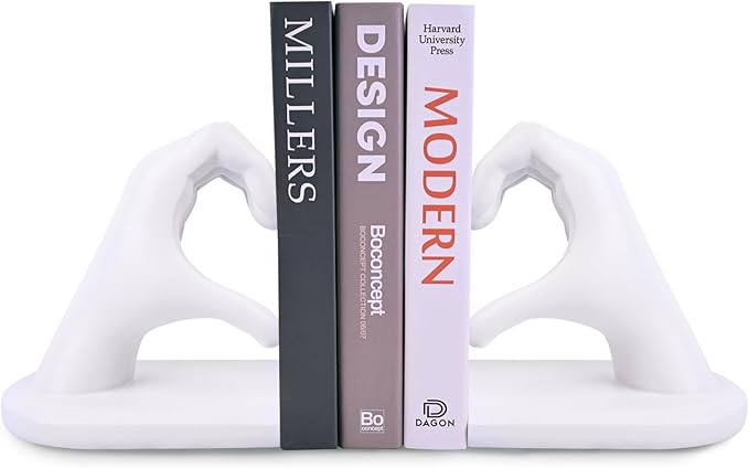 White Decorative Bookends for Shelves, Heart Hands Book Ends Sculpture Aesthetic Decor for Bedroom Living Room Merch Apartment Bookshelf Birthday Women Decorations Stuff Aesthetic