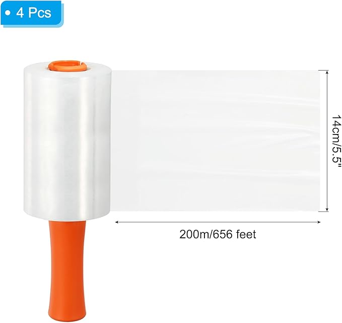 PATIKIL 5.5" x 656 Feet Stretch Wrap Roll, 4 Pack 80 Gauge/20 mic Thick Mini Shrink Stretch Film Industrial Clear Plastic Wrap with Handle for Box Packing Shipping Moving