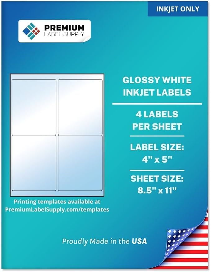 Premium Label Supply Glossy White Sticker Labels – 4" x 5" – (4 per Sheet) (Glossy White for Inkjet Only, 2,000 Labels)