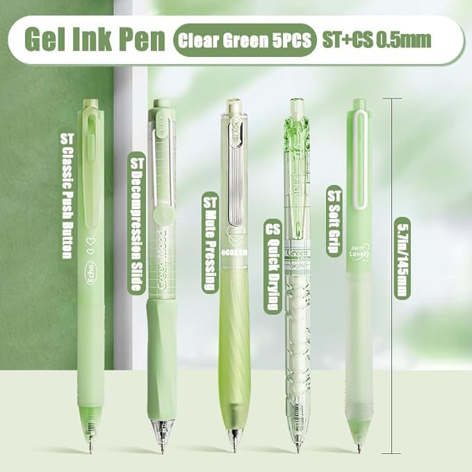 10 Count Pastel Gel Ink Pen Set,Cute Note Taking 0.5mm Fine Point Retractable 10 Count Black Ink Pens with for Writing, Journaling, School, Office (Green)