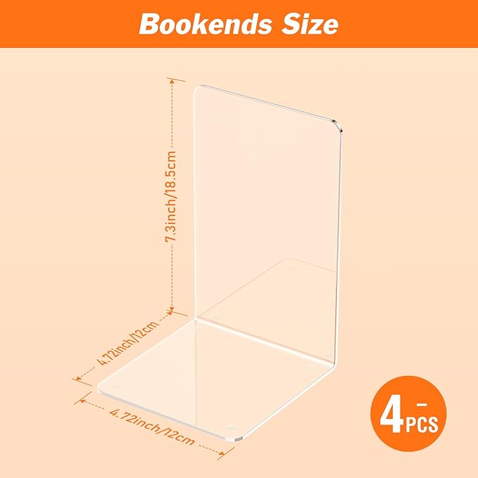 Acrylic Bookends 4 Pcs, Clear Book Ends for Shelves, Transparent Bookend Organizer, Book Holder Stand Decorative, Book Stoppers for Heavy Duty Books, CD, File, Video Games