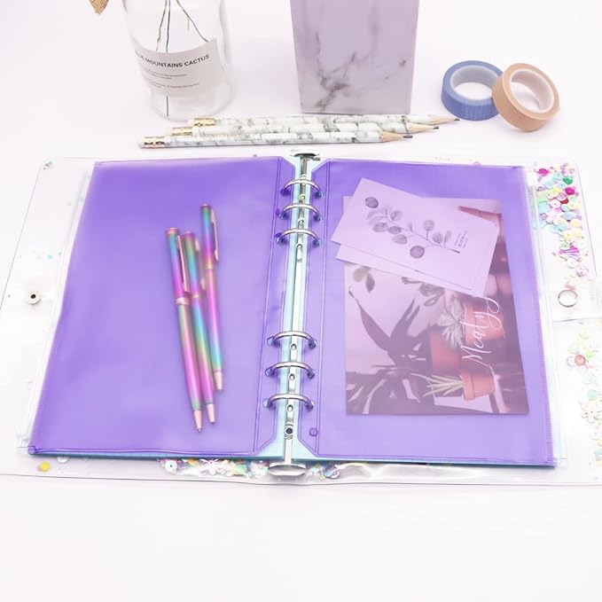 Purple PVC Binder Pockets 12pcs A5 Binders Zipper Pouch Bag Loose Leaf 6 Holes PVC Zip Organizer Folder for Journal Budget Filing Pocket Bags