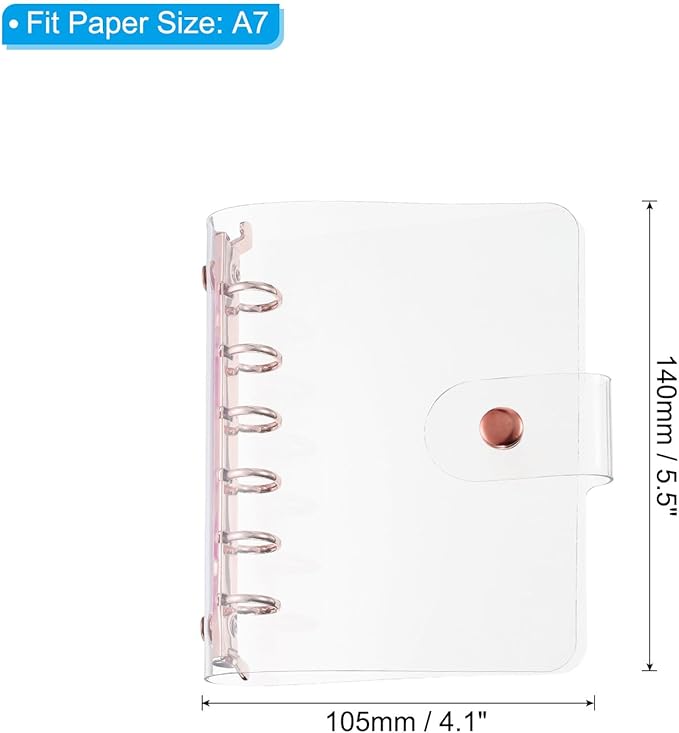 PATIKIL A7 Clear Binder Cover, Soft PVC Loose Leaf Binder Protector Refillable Notebook Shell with Snap Button Closure 6 Ring for DIY Meeting Notebook Folder, Rose Gold