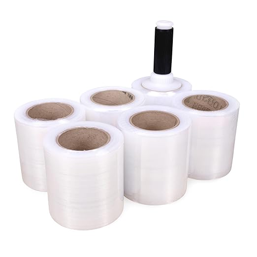 IDL Packaging 5" x 1000' Stretch Wrap Mini Roll of 80 Gauge (6 Rolls) with Plastic Handle - Extra Sticky Clear Plastic Wrap Film - Great for Moving and Office Needs - Self-Adhesive Wrap Packaging