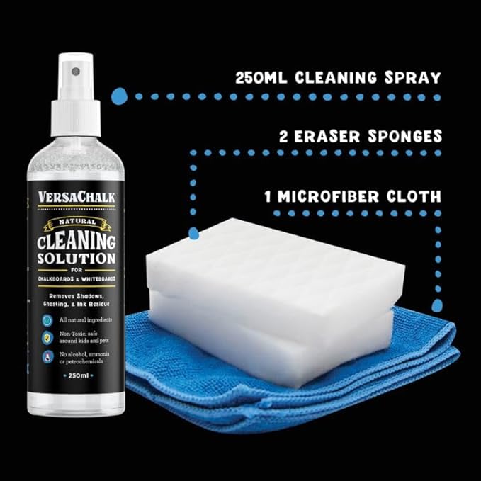VersaChalk 100% Natural Chalkboard Dry Erase Cleaner Spray 250 mL - Erase Liquid Chalk Markers Ink - For Chalkboard, Whiteboard, and Dry Erase Surfaces