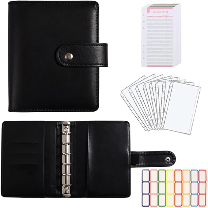 A7 Budget Binder Set - Mini Money Organizer for Cash Saving, Cash Stuffing Envelope System, Planner Binders with Pockets, Sheets and Stickers, Black