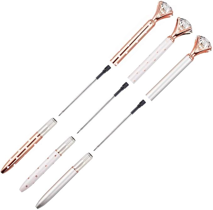 3PCS Big Crystal Diamond Ballpoint Pen Bling Metal Ballpoint PenOffices and schools, silver/White With Polka Dots/Rose Gold With Polka Dots, Includes 3 Pen Refills