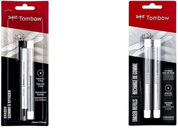 Tombow 57315 Mono Zero Eraser and Refill Value Pack, Round 2.3mm. Precision Tip Pen-Style Eraser with Refill & 57316 Mono Zero Eraser Refills, Round 2.3mm, 2-Pack