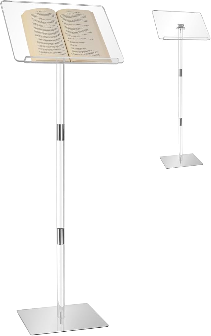 Podium Stand, Lecterns & Podiums, Acrylic Adjustable Angles with Metal Base, Podium for Church, Weddings, Classroom, Speech (Clear, 16" L x 12" W x 42.5" H)