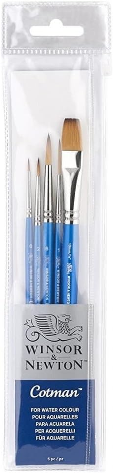 Winsor & Newton Cotman Short Handle Brushes, Set of 5, (Round 0, 2, & 6, Rigger 1, One Stroke 1/2")