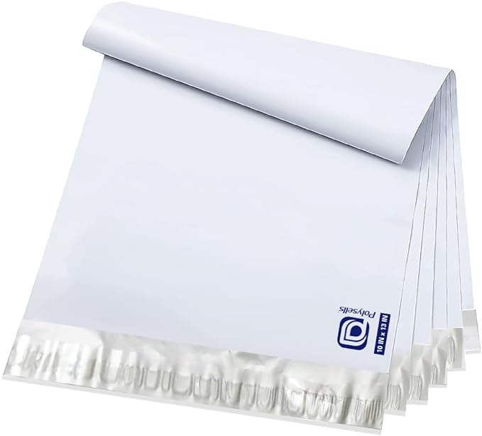 POLYSELLS 100 pcs 10x13 Inches White x Silver Poly Mailers Shipping Envelopes, Strong Adhesive Sealing, Waterproof, and Tear-resistant Postal Mailing Bags for Clothing, Books, and Accessories