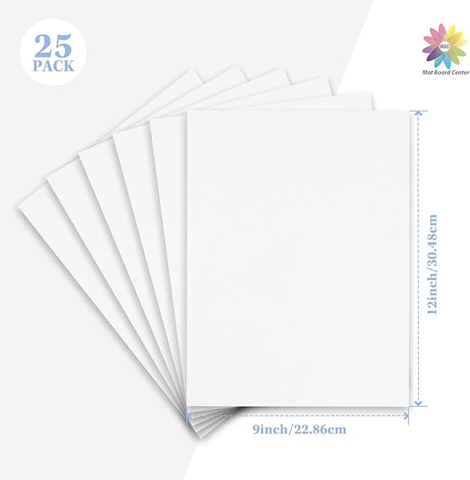 Mat Board Center, 25 pack 9x12 Corrugated Cardboard sheet, 1/8 inch thick, Flat Cardboard Inserts for Mailing, Packaging & Shipping, Cardboard Backing, Craft Card Board (White on one side)