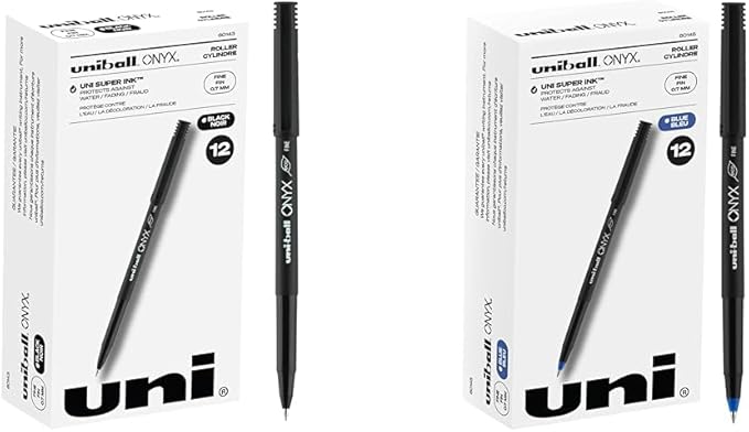 Uniball Onyx Rollerball Pen 12 Pack - Black & Blue, 0.7mm Fine Point Office Supply Gel Ink Pens