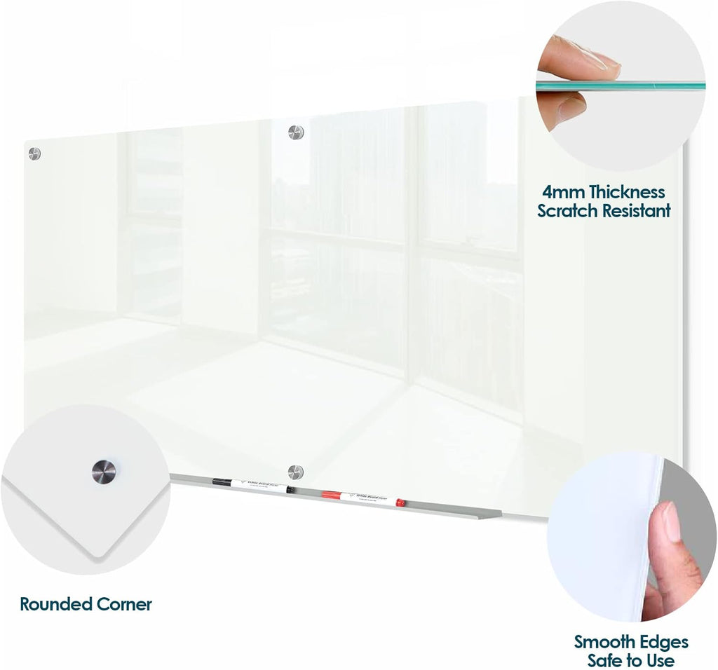 J&J worldwide Glass Dry Erase Board 6' x 3', Glass Whiteboard Magnetic, Large Frameless Glass White Boards for Walls, Includes Magnets, Marker Tray, Eraser for Office, Home, School