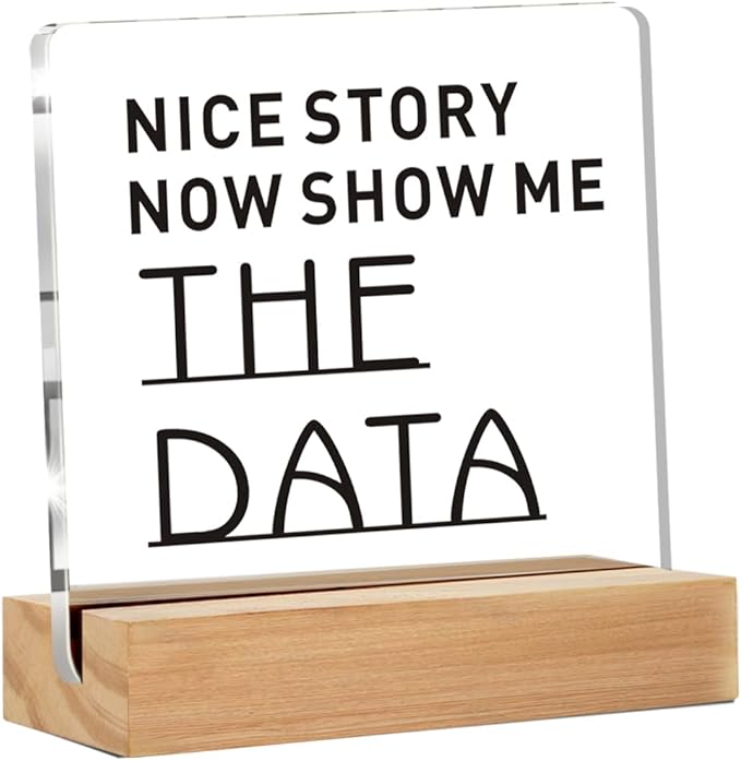 Funny Office Desk Decor, Cool gifts for Coworker, Show Me The Data Clear Decorative Acrylic Sign With Wooden Stand for Office Desk Table Shelf (4 x 4 Inches)
