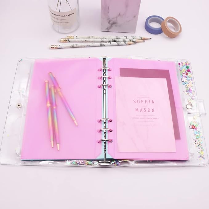 Pink PVC Binder Pockets 12pcs A5 Binders Zipper Pouch Bag Loose Leaf 6 Holes PVC Zip Organizer Folder for Journal Budget Filing Pocket Bags