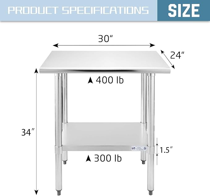 Hally Stainless Steel Table for Prep & Work 24 x 30 Inches, NSF Commercial Heavy Duty Table with Undershelf and Galvanized Legs for Restaurant, Home and Hotel