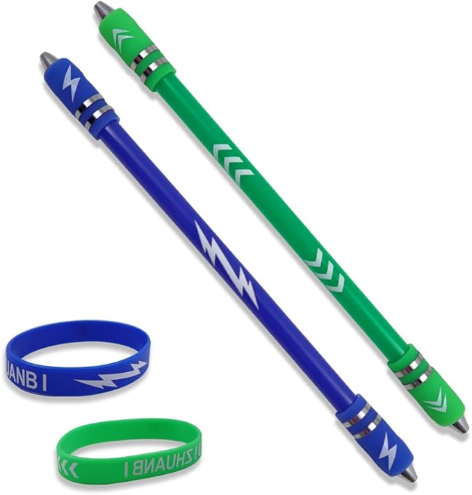 2 Colors Pen Spinning with Silicone Bracelet, Metal Heads Gaming Finger Pen, 8.5In Weighted Rotating Ballpoint Pen, Spinning Pen for Student Adults, No Pen Refill (Green,Blue)