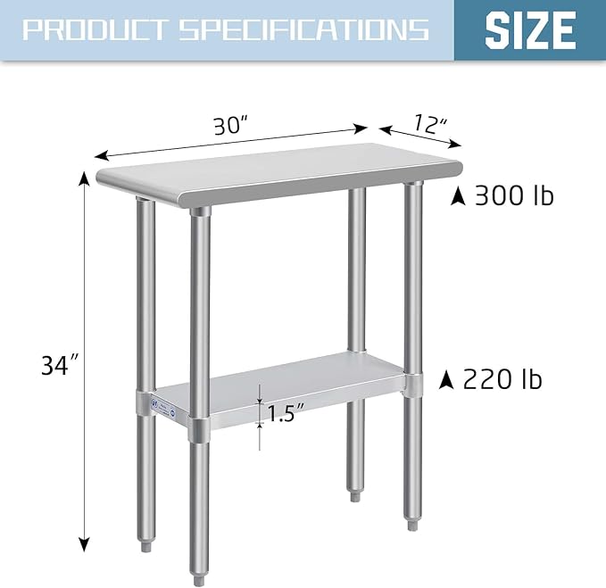 Hally Stainless Steel Table for Prep & Work 30 x 12 Inches, NSF Commercial Heavy Duty Table with Undershelf and Galvanized Legs for Restaurant, Home and Hotel