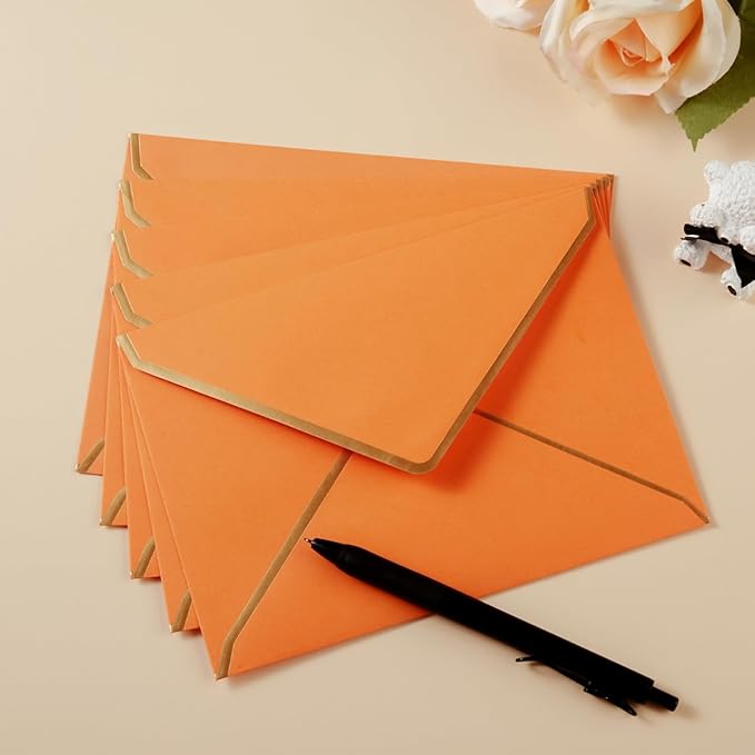 50 Pack Dark Orange A7 Envelopes 5 x 7 Self-Adhesive V Flap Envelopes with Gold Border for Office, Greeting Card, Wedding, Graduation, Baby Shower, Parties, Invitations (5x7 inches)