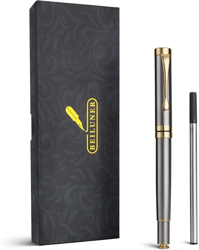 BEILUNER Ballpoint Pens, Stunning Silver Chrome Metal Pen with Golden Trim, Best Ball Pen Gift Set for Men & Women, Professional, Executive, Office, Nice Pens-Gift Box with 0.5mm Extra Black Refill