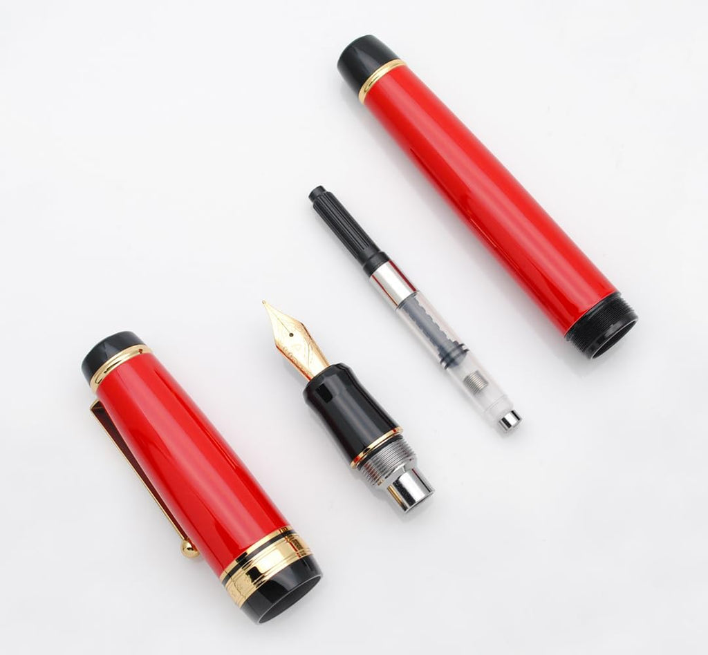 Metal Big Fountain Pen Set Medium Nib 0.7mm, Includes Ink Refill Converter, 5 Ink Cartridges & Gift Box (Medium Nib 0.7mm, Red)