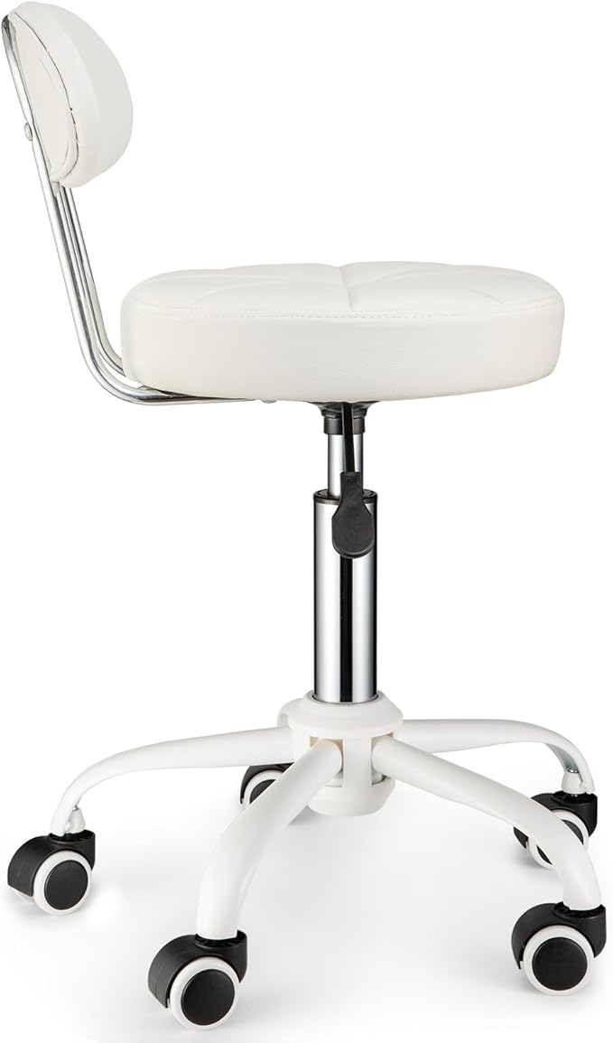 Swivel Rolling Stool with Wheels Height Adjustable Chair Rolling Drafting Chair Spa Stool Chair Backrest White